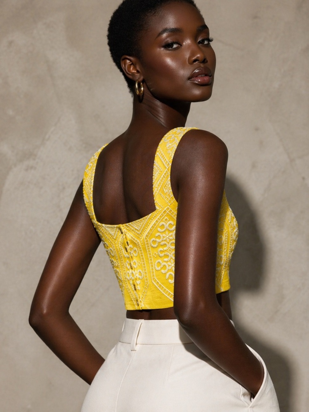 Calypso St Barth Yellow Embroidered Crop Top Boho Button Front Size L
